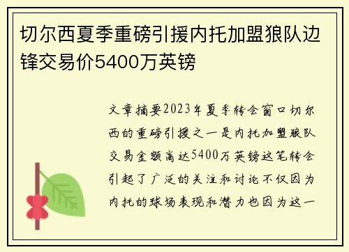 切尔西夏季重磅引援内托加盟狼队边锋交易价5400万英镑 切尔西夏季重磅引援内托加盟狼队边锋交易价5400万英镑